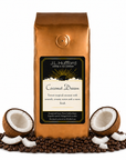 1 lb Coconut Dream coffee beans bag with coffee beans and split coconut in front displayed on a white background