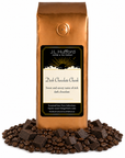 1 lb Dark Chocolate Chunk coffee beans bag with coffee beans and dark chocolate chunks in front displayed on a white background