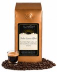 1 lb J.L. Hufford Italian Espresso Blend coffee bag with coffee beans and a shot of espresso on a white background