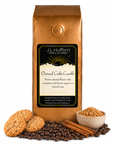 1 lb J.L. Hufford Oatmeal Cookie Crumble coffee bag with coffee beans, oatmeal cookies, cinnamon sticks, and bowl of brown sugar on a white background