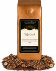 1 lb J.L. Hufford Toffee Crunch coffee bag with coffee beans, hazelnuts, and toffee bark with drizzled chocolate on a white background