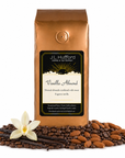 1 lb J.L. Hufford Vanilla Almond coffee bag with coffee beans, vanilla sticks, and almonds on a white background