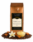 1 lb J.L. Hufford Vanilla Custard coffee bag with coffee beans, vanilla sticks, blocks of caramel, and vanilla custard on a white background