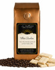 1 lb J.L. Hufford White Chocolate coffee bag with coffee beans and white chocolate bars on a white background