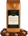 1 lb Chocolate Carmel coffee beans bag with carmel squares, chocolate flakes, and coffee beans in front displayed on a white background