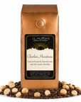 1 lb J.L. Hufford Chocolate Macadamia Coffee beans bag with coffee beans and macadamia in front displayed on a white background