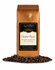 1 lb Colombian "Popayan" coffee beans bag with coffee beans in front displayed on a white background