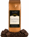 1 lb Decadent Dark Chocolate coffee beans bag with coffee beans and blocks of dark chocolate in front displayed on a white background