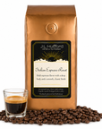 1 lb J.L. Hufford Italian Espresso Roast coffee bag with coffee beans and a shot of espresso on a white background