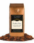 1 lb J.L. Hufford Southern Pecan coffee bag with coffee beans and pecans on a white background
