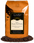 5 lb Decaf Decadent Dark Chocolate coffee beans bag with coffee beans and blocks of dark chocolate in front displayed on a white background