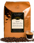 5 lb J.L. Hufford Decaf Italian Espresso Roast coffee bag with coffee beans and a shot of espresso on a white background