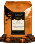 5 lb J.L. Hufford Decaf Midnight Chocolate Dream coffee bag with coffee beans, chocolate, and blocks of caramel on a white background