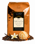 5 lb J.L. Hufford Decaf Vanilla Caramel Twist coffee bag with coffee beans, vanilla sticks, and vanilla caramel twist ice cream on a white background