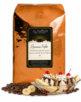 5 lb Coffee bag labeled 'Banana Split' by J.L. Hufford next to a banana split dessert and coffee beans displayed on a white background