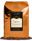 5 lb J.L. Hufford Cappuccino Coffee with coffee beans in front displayed on a white background