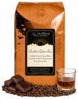 5 lb J.L. Hufford Chocolate Butter Rum coffee bag with coffee beans, milk chocolate bar, and a glass of rum on a white background