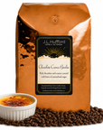 5 lb J.L. Hufford Chocolate Creme Brulee Coffee with coffee beans and creme brulee in front displayed on a white background