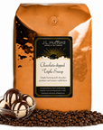 5 lb J.L. Hufford Chocolate-Dipped Triple Scoop Coffee bag with coffee beans and 4 vanilla scoops topped with chocolate syrup in front displayed on a white background
