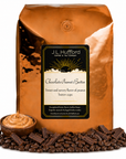 5 lb J.L. Hufford Chocolate Peanut Butter Coffee beans bag with coffee beans, chocolate, and bowl of peanut butter in front displayed on a white background