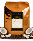 5 lb Coconut coffee beans bag with coffee beans and split coconut in front displayed on a white background