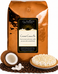 5 lb Coconut Creme Pie coffee beans bag with coffee beans, split coconut, and vanilla cream pie in front displayed on a white background