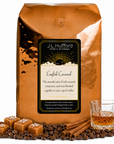 5 lb English Caramel coffee beans bag with coffee beans, cinnamon sticks, blocks of caramel, and a glass of rum in front displayed on a white background