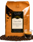 5 lb Espresso Bold coffee beans bag with coffee beans and a shot of espresso in front displayed on a white background