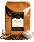 5 lb J.L. Hufford Irish Cream coffee bag with coffee beans, glass of Irish whiskey, and bowl of whipped cream on a white background