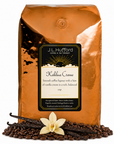 5 lb Kahlua Creme coffee beans bag with coffee beans and vanilla sticks in front displayed on a white background