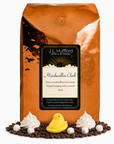 5 lb J.L. Hufford Marshmallow Chick coffee bag with coffee beans, whipped cream, marshmallows, and marshmallow chick on a white background