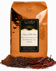 5 lb Mayan Mocha coffee beans bag with coffee beans, coca, chili in front displayed on a white background