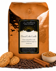 5 lb J.L. Hufford Oatmeal Cookie Crumble coffee bag with coffee beans, oatmeal cookies, cinnamon sticks, and bowl of brown sugar on a white background