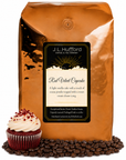 5 lb Red Velvet Cupcake coffee beans bag with coffee beans and red velvet cupcake in front displayed on a white background