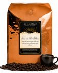 5 lb J.L. Hufford Rise and Shine Ultra coffee bag with coffee beans and mug of coffee on a white background