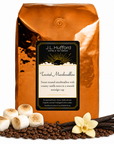 5 lb Toasted Marshmallow coffee beans bag with coffee beans, toasted marshmallows, and vanilla sticks in front displayed on a white background