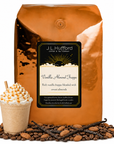 5 lb J.L. Hufford Vanilla Almond Frappe coffee bag with coffee beans, almonds, vanilla sticks, and frappe on a white background