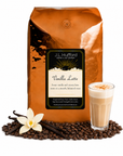 5 lb J.L. Hufford Vanilla Latte coffee bag with coffee beans, vanilla sticks, and a glass of vanilla latte on a white background
