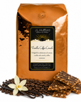 5 lb J.L. Hufford Vanilla Coffee Crunch coffee bag with coffee beans, vanilla sticks, and toffee bark on a white background