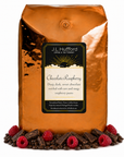 5 lb Chocolate Raspberry coffee beans bag with chocolate, raspberries, and coffee beans in front displayed on a white background