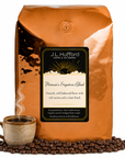 5 lb J.L. Hufford Herman's Signature Blend coffee bag with coffee beans and mug of coffee on a white background