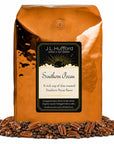 5 lb J.L. Hufford Southern Pecan coffee bag with coffee beans and pecans on a white background