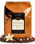 5 lb J.L. Hufford Vanilla Hazelnut coffee bag with coffee beans, vanilla sticks, and hazelnuts on a white background