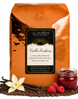 5 lb J.L. Hufford Vanilla Raspberry coffee bag with coffee beans, vanilla sticks, raspberries, and raspberry jam on a white background