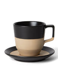 Large 12 oz black notneutral pico cup and saucer on a white background