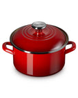 Cerise 3.8 qt enamel on steel traditional petite stockpot with lid and handles on a white background
