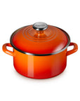 Flame 3.8 qt enamel on steel traditional petite stockpot with lid and handles on a white background