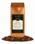 1 lb Coffee bag labeled 'Decaf Butter Pecan' by J.L. Hufford with coffee beans and pecans on a white background
