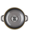 Top view of the oyster 3.8 qt enamel on steel traditional petite stockpot with lid and handles on a white background