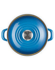 Top view of the marseille 3.8 qt enamel on steel traditional petite stockpot with lid and handles on a white background